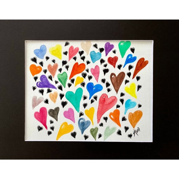Cheeky Hearts - Original Art Watercolor Painting Frame Ready Matted Artwork 11”x - Picture 3 of 4
